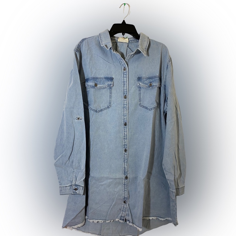 🆕 Umgee Plus Light Denim Long Sleeve Button Down Frayed Hem Dress